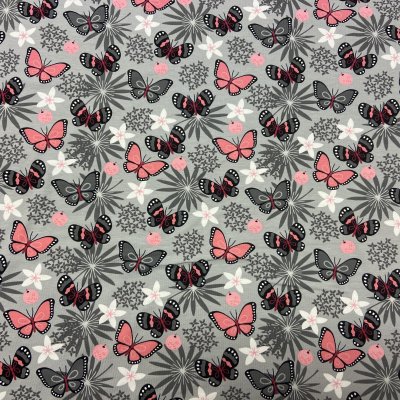 Rosa färgglada fjärilar, på grå bomullsjersey